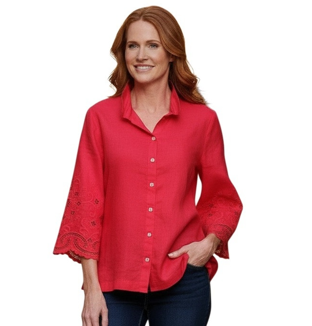 John MARK Linen Vivid Red Embroidered Eyelet Sleeves Boho Blouse Size 3X